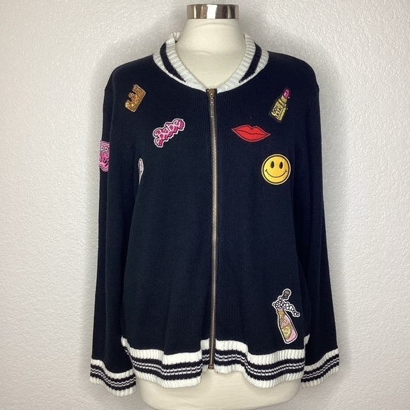 ASHLEY STEWART PLUS SIZE 22 24 TOP BLACK PATCH EMBROIDERED SWEATER CARDIGAN‎ - Picture 4 of 12